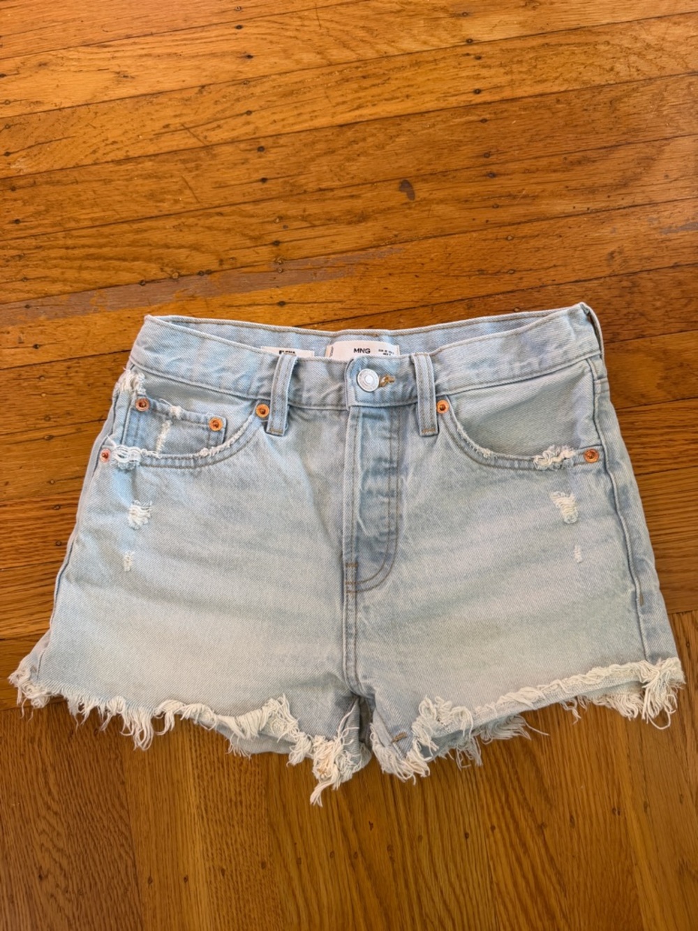 Mango Light Blue Distressed Denim Shorts